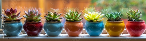 Succulent plants in pots. Echeveria, graptopetalum, sedum, sempervivum. Home gardening. photo