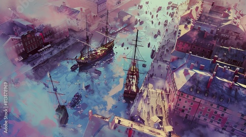 Capture a birds-eye view of the iconic Boston Tea Party using vibrant watercolors photo