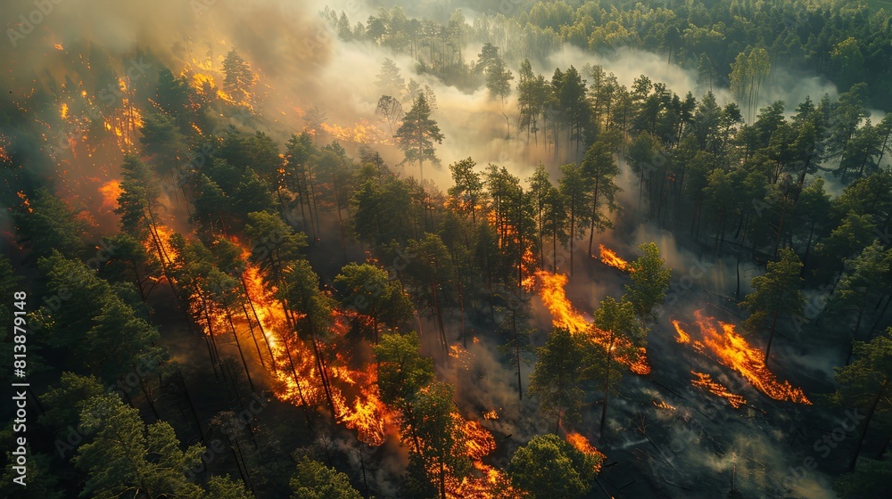 The forest fire is spreading quickly, consuming everything in its path.