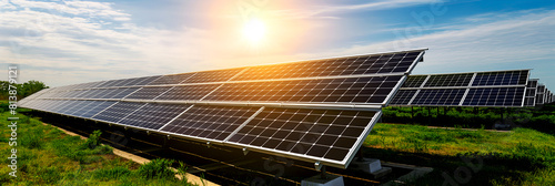 Solar panels installed in green fields under bright sun. Large solar panel installation in a natural setting. Eco-friendly solar farm with lush greenery and sunlight. Alternative energy source