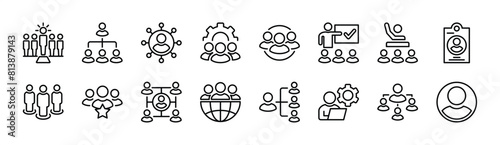 People thin line icon set. Containing group, leader, businessman, staff, human resource, teamwork, hierarchy, office management, manager, user, profile, organization, agent. Vector illustration