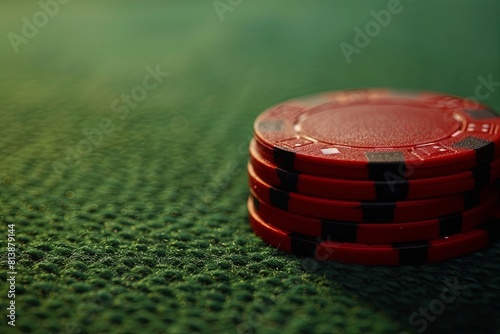Red poker chips stacked on a green baize poker tablewallpaper