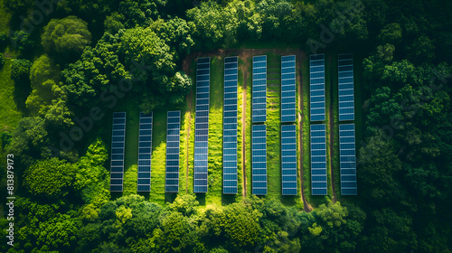Aerial view of solar panels in a dense forest landscape. Solar panels integrated into natural forest from above. Overhead shot of solar farm neatly arranged in a forest. Green energy, renewable power
