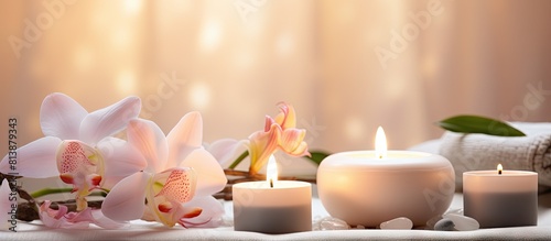 A soothing spa setup featuring flowers and lit candles against a bright backdrop perfect for use as a copy space image