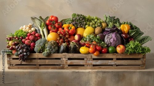 A wooden crate filled with an abundance of fresh fruits and vegetables  a visual representation of nature s abundance and diversity.