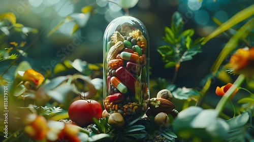 A macro shot of a capsule filled with a diverse range of nutrient-rich ingredients, including fruits, vegetables, nuts, and beans, conveying the idea of comprehensive nutritional support
