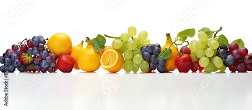 An ornamental copy space image of plastic fruit displayed on a white background