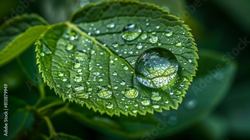 Delicate Water Droplet Perched on Leaf Refracting Surrounding Foliage Serene Botanical Study in Natural Light