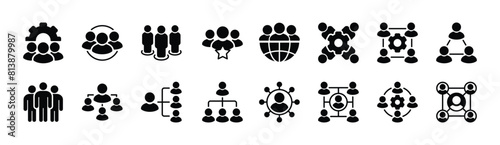 Organization icon set. Containing people group, hierarchy, structure, company, leadership, teamwork, networking, business, team, collaboration, community, connection. Vector illustration