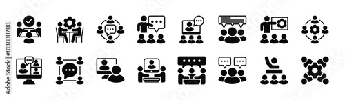 Business meeting icon set. Containing training, workshop, education, communication, discussion, coaching, online video, presentation, learning, conference, teaching, classroom. Vector illustration