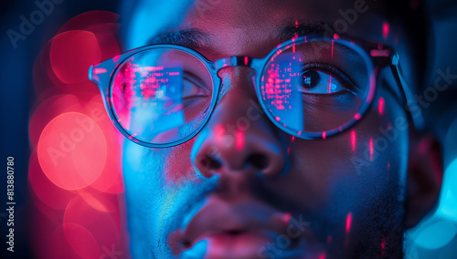 A man wearing glasses is looking at a screen with a red and blue background. The image has a futuristic and somewhat eerie vibe