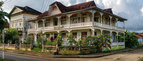 Beautiful historic Surinamese buildings with Dutch colonial architecture in Paramaribo, Suriname under blue sky. photo