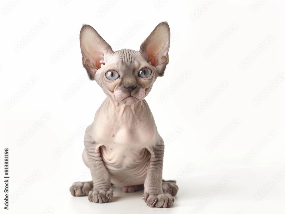 Sphynx A Sphynx kitten, hairless and elegant, with a curious expression, ideal for allergy sufferers, isolated on white background.