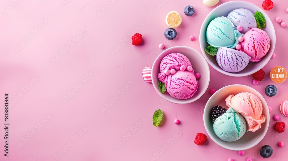 bowls with various colorful Ice Cream scoops with different flavors and fresh ingredients on pink background, top view and space for text