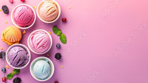 bowls with various colorful Ice Cream scoops with different flavors and fresh ingredients on pink background, top view and space for text
