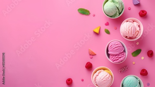 bowls with various colorful Ice Cream scoops with different flavors and fresh ingredients on pink background  top view and space for text