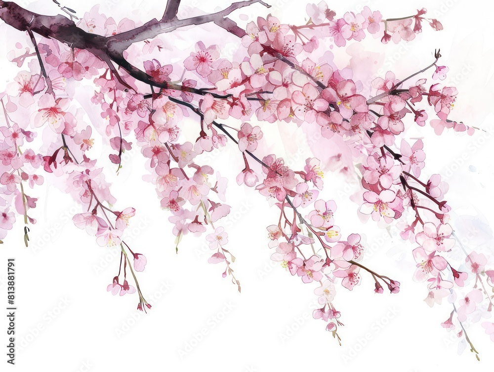 illustrated cherry blossom tree hanging down, water color style on a white background