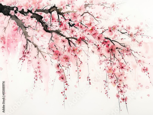 illustrated cherry blossom tree hanging down, water color style on a white background