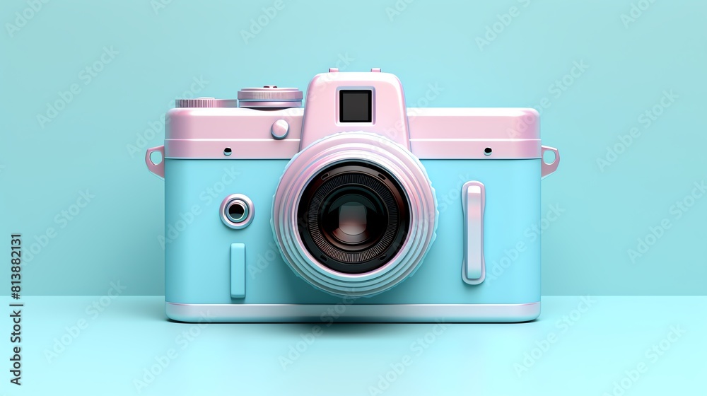 A beautiful pastel blue and pink camera sits on a matching blue table against a blue background.