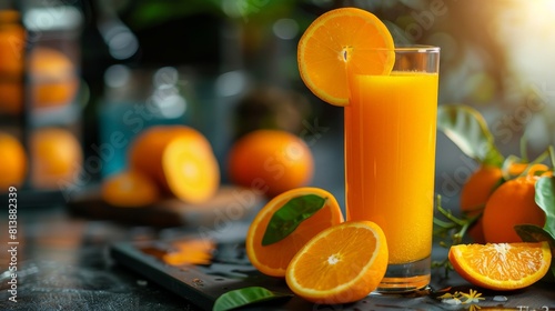 Freshly squeezed orange juice cascading into a tall glass, vibrant colors capturing the essence of citrus bliss.