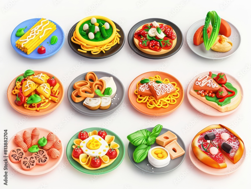 colorful set of 3d icons of Italian pasta dishes in isometric perspective on a white background