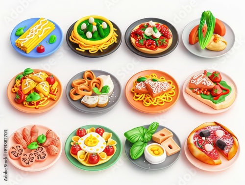 colorful set of 3d icons of Italian pasta dishes in isometric perspective on a white background