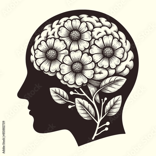 silhouette of a person with a brain with flowers vintage illustration