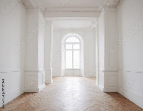 Elegant white interior with classic furniture, large mirror, and balcony doors. Bright and airy vintage room design.