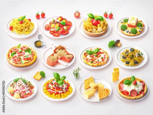colorful set of 3d icons of Italian pasta dishes in isometric perspective on a white background