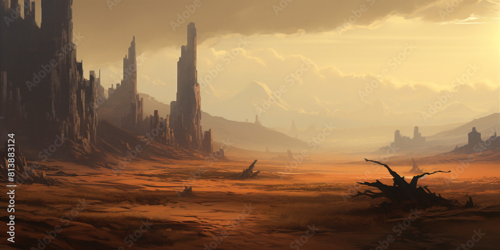 A vast desert landscape with towering rock formations in the distance, bathed in warm golden hues, evoking a sense of awe and tranquility. A vast desert landscape with towering rock formations in the distance, bathed in warm golden hues, evoking a sense of awe and tranquility.