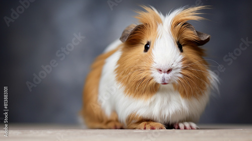 Cute and curious guinea pig with brown and white fur looking at the camera with a slight head tilt, isolated on a blurred background in a studio