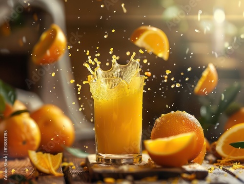 realistic glass of orange juice with a nice dynamic splash in it, oranges and slices and a natural background set