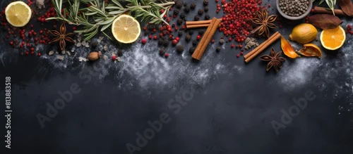 Obraz  z motywem Copy space image of a variety of winter spices arranged on a dark slate stone or concrete background captured from a top view perspective