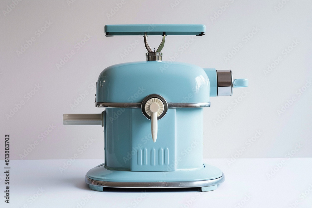 A retro-style juicer with a pastel blue exterior and a manual hand crank isolated on a solid white background. A retro-style juicer with a pastel blue exterior and a manual hand crank isolated on a solid white background.