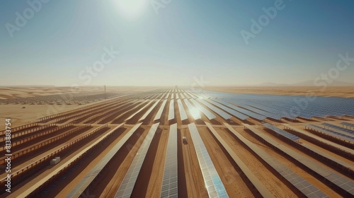 Harnessing the Sun s Power  Concentrated Solar Farm in the Desert. A spectacular sight unfolds as rows upon rows of concentrated solar panels stretch across the landscape  harnessing the sun s energy.