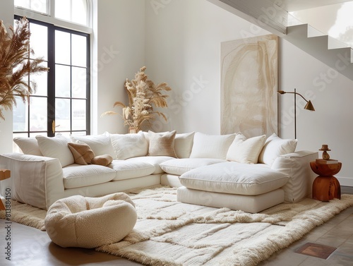 elegant living room with light interior colors, white sofa with chaise longue and sloped arms and loose cushions