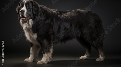 A majestic black and white Greater Swiss Mountain Dog stands tall against a dark background, embodying strength, loyalty, and unwavering devotion. photo