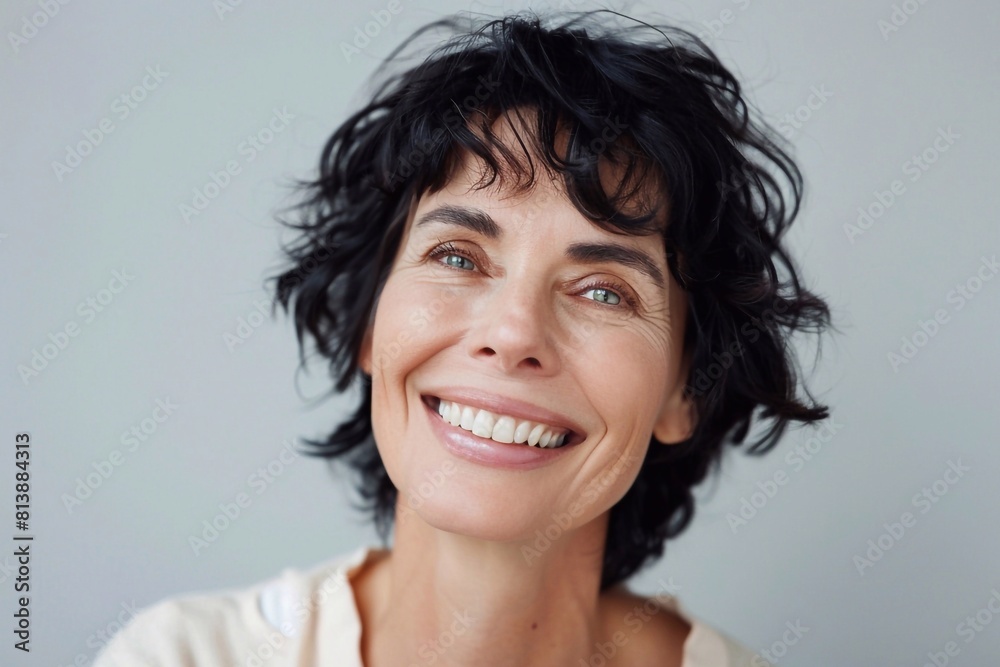 Close-up portrait of a cheerful and radiant middle-aged woman with black hair, laughing joyfully and looking away with a toothy smile, exuding happiness and a carefree demeanor Close-up portrait of a cheerful and radiant middle-aged woman with black hair, laughing joyfully and looking away with a toothy smile, exuding happiness and a carefree demeanor