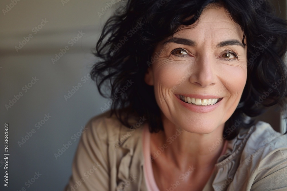 Close-up portrait of a cheerful and radiant middle-aged woman with black hair, laughing joyfully and looking away with a toothy smile, exuding happiness and a carefree demeanor Close-up portrait of a cheerful and radiant middle-aged woman with black hair, laughing joyfully and looking away with a toothy smile, exuding happiness and a carefree demeanor