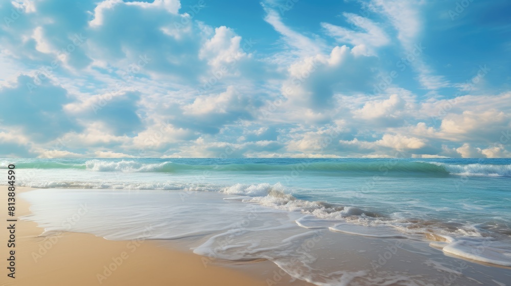 Powerful foamy sea waves rolling and splashing over water surface against cloudy blue sky Powerful foamy sea waves rolling and splashing over water surface against cloudy blue sky