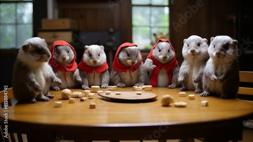 Seven curious prairie dogs wearing red hats sit around a table covered in nuts and cookies. photo