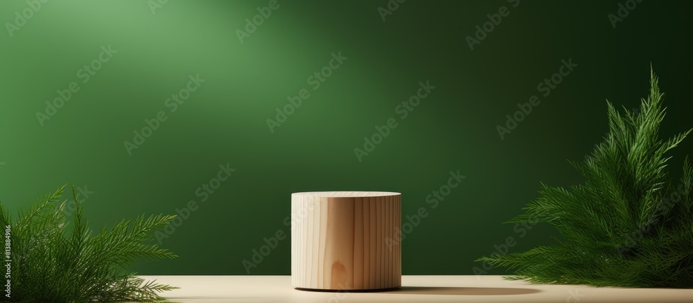 Abstract background of green juxtaposed with a wooden pine cylinder Minimalistic geometric podium serves as the focal point A scene adorned with various geometric forms creating an empty space to sho Abstract background of green juxtaposed with a wooden pine cylinder Minimalistic geometric podium serves as the focal point A scene adorned with various geometric forms creating an empty space to sho