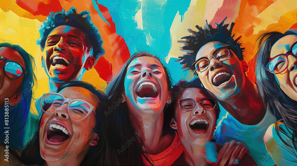 Obraz premium A group of diverse and joyful young people are laughing together in front of a colorful abstract background.