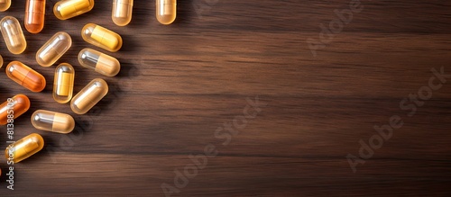 Top view of ubiquinol supplement softgels arranged on a wooden desk creating a captivating copy space image that embodies the concept of mental wellbeing and personal health photo