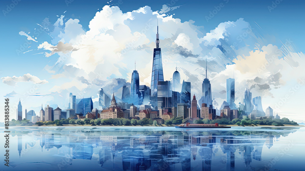 Fototapeta premium The Skyscrapers Reflect on Calm River Water Cityscape Vibrant Blue Color Oil Painting on Canvas