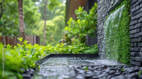 Tranquil Water Feature in Lush Garden with Cascading Waterfall and Vibrant Green Plants