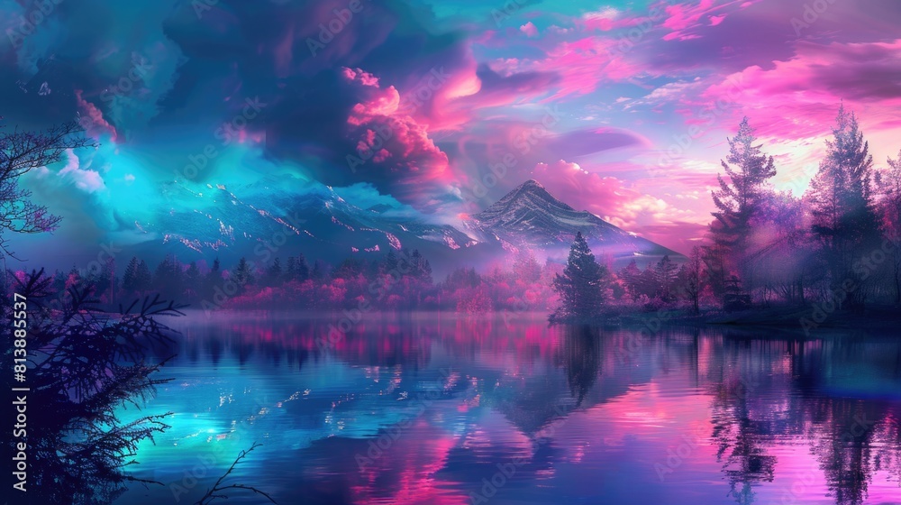 Fantasy Lakeside Landscape with Neon Glowing Trees and Mountain Backdrop
