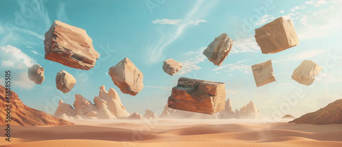 Strange desert scene with rocks defying gravity, creating a surreal and dreamlike atmosphere. photo