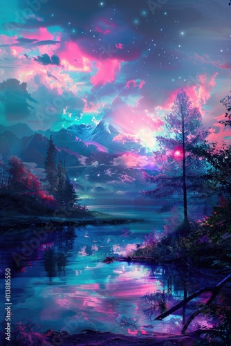 Fantasy Lakeside Landscape with Neon Glowing Trees and Mountain Backdrop © Landscape Planet