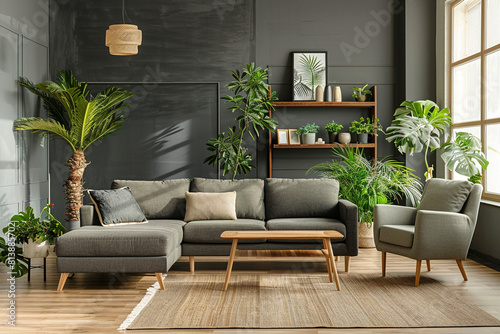**Scandinavian living room interior with sofa and green plants in pots on the dark wall background. Home jungle concept. Greenery and urban jungle concept. Natural home decor.**
